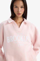 Relax Fit Polo Collar Printed Thick Sweatshirt