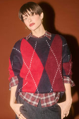 Oversize Loose Fit Crew Neck Diamond Pattern Knit Sweater