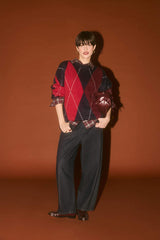 Oversize Loose Fit Crew Neck Diamond Pattern Knit Sweater