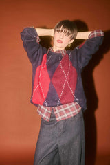 Oversize Loose Fit Crew Neck Diamond Pattern Knit Sweater