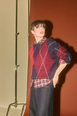 Oversize Loose Fit Crew Neck Diamond Pattern Knit Sweater