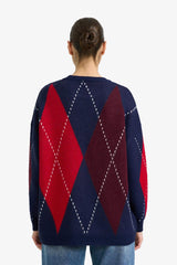 Oversize Loose Fit Crew Neck Diamond Pattern Knit Sweater