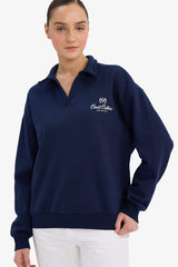 Relax Fit Polo Collar Printed Thick Sweatshirt