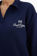 Relax Fit Polo Collar Printed Thick Sweatshirt