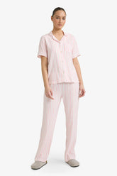 Pajama Set Regular Fit Striped Short-Sleeved Top and Long Bottoms