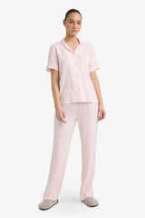 Pajama Set Regular Fit Striped Short-Sleeved Top and Long Bottoms