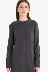 Regular Fit Crew Neck Slit Basic Plain Knitwear Sweater Tunic