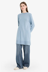 Regular Fit Crew Neck Slit Basic Plain Knitwear Sweater Tunic