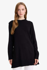 Regular Fit Crew Neck Slit Basic Plain Knitwear Sweater Tunic