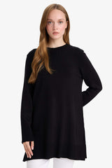 Regular Fit Crew Neck Slit Basic Plain Knitwear Sweater Tunic
