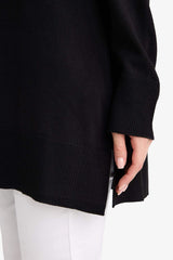 Regular Fit Crew Neck Slit Basic Plain Knitwear Sweater Tunic