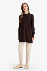Regular Fit Crew Neck Slit Basic Plain Knitwear Sweater Tunic