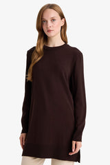 Regular Fit Crew Neck Slit Basic Plain Knitwear Sweater Tunic