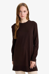 Regular Fit Crew Neck Slit Basic Plain Knitwear Sweater Tunic