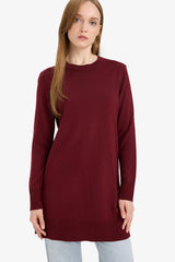 Regular Fit Crew Neck Slit Basic Plain Knitwear Sweater Tunic
