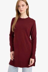 Regular Fit Crew Neck Slit Basic Plain Knitwear Sweater Tunic