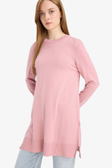 Regular Fit Crew Neck Slit Basic Plain Knitwear Sweater Tunic