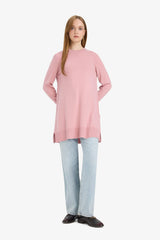 Regular Fit Crew Neck Slit Basic Plain Knitwear Sweater Tunic