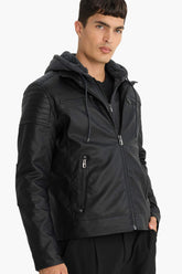 Water-repellent, slim-fit, narrow-cut faux leather jacket with removable hood, plush lining, and zip closure.