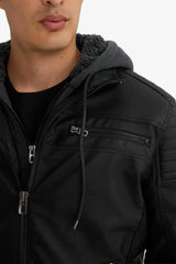 Water-repellent, slim-fit, narrow-cut faux leather jacket with removable hood, plush lining, and zip closure.