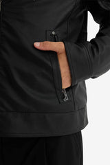 Water-repellent, slim-fit, narrow-cut faux leather jacket with removable hood, plush lining, and zip closure.