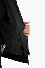 Water-repellent, slim-fit, narrow-cut faux leather jacket with removable hood, plush lining, and zip closure.