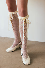 Black Mesh Tights with Rose Pattern and Bow Detail