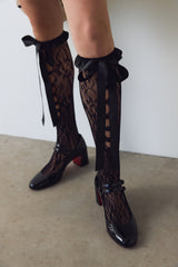 Black Mesh Tights with Rose Pattern and Bow Detail