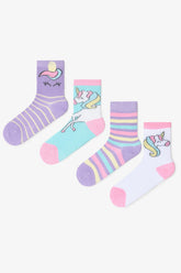 Girls Rainbow Unicorn Patterned 4-Pack Cotton Ankle Socks