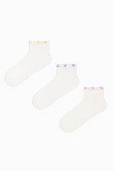 3 Pairs of Cotton Ankle Tulle Detailed Patterned Toe Seamless Ankle Socks