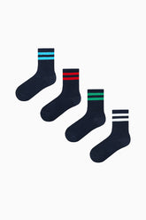 Boy Double Stripe Navy Blue 4-Pack Ankle Socks