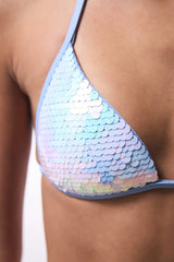 Sequin Sequined Blue Triangle Bikini Top - Gamze Erçel Collection
