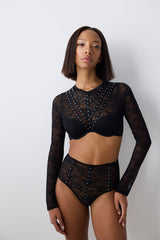 Shinny Lace Lace Long Sleeve Black Croplet