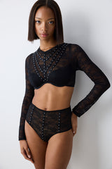 Shinny Lace Lace Long Sleeve Black Croplet