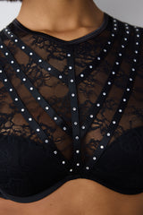 Shinny Lace Lace Long Sleeve Black Croplet