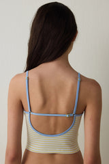 Ecru Striped Textured Square Neck Cotton Crop Tank Top with Removable Lining - Inspired by Flora