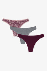 Floral Patterned Quiet Rose Normal Waist 3-Pack Cotton Thong Panties