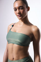 Green Beaded One Shoulder Bikini Top