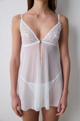 Off White Front Opening Floral Accessory Non-wired Babydoll