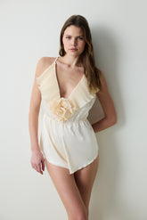 Satin Flounce Rose Teddy Cream Bodysuit