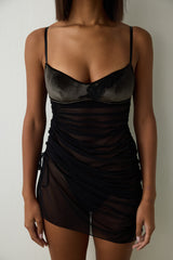 Black Velvet Babydoll with Adjustable Straps and Tulle Details