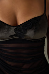 Black Velvet Babydoll with Adjustable Straps and Tulle Details