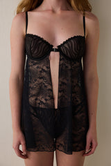 Black Floral Patterned Front-Opening Underwired Babydoll