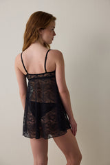 Black Floral Patterned Front-Opening Underwired Babydoll