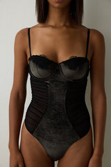 Black Underwired Velvet Thong Bodysuit