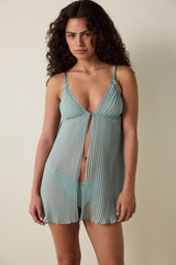 Mint Striped Chiffon Pleated Non-wired Babydoll