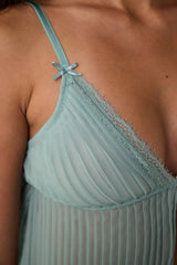 Mint Striped Chiffon Pleated Non-wired Babydoll