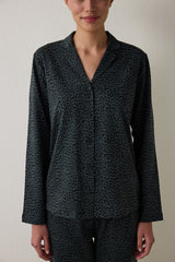 Black Dark Leopard Cotton Shirt Pants Pajama Set