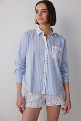 Light Blue Lilah Shirt Collar Cotton Long Sleeve Shorts Pajama Set