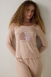 Beige Dreaming Leopard Print Crew Neck Long Sleeve Pajama Top